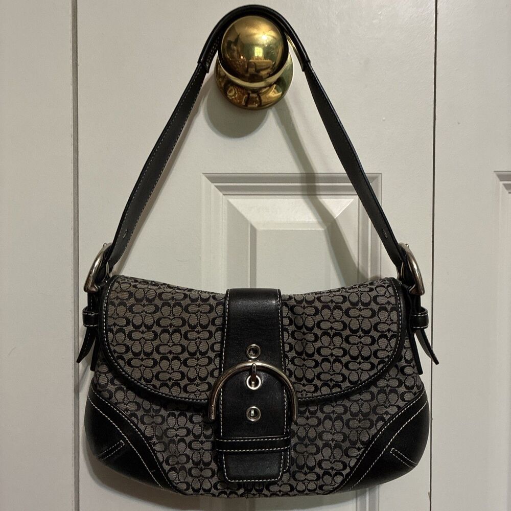 COACH 6818 SMALL Vintage Soho Black Leather Signature C Canvas Shoulder Bag EUC